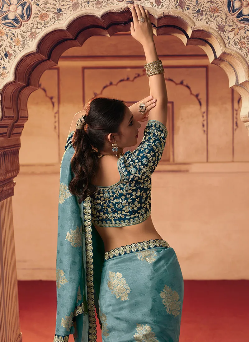 Blue Dual Tone Sequence Embroidery Saree