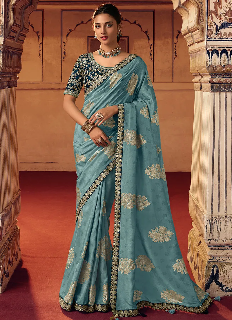 Blue Dual Tone Sequence Embroidery Saree