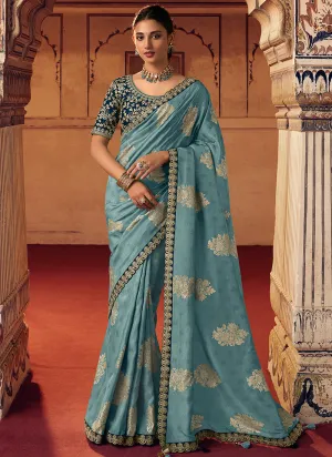 Blue Dual Tone Sequence Embroidery Saree