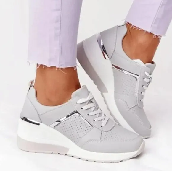 Breathable leather lace-up shoes with comfortable wedge heel for autumn/winter