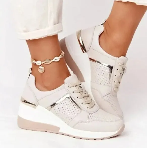 Breathable leather lace-up shoes with comfortable wedge heel for autumn/winter