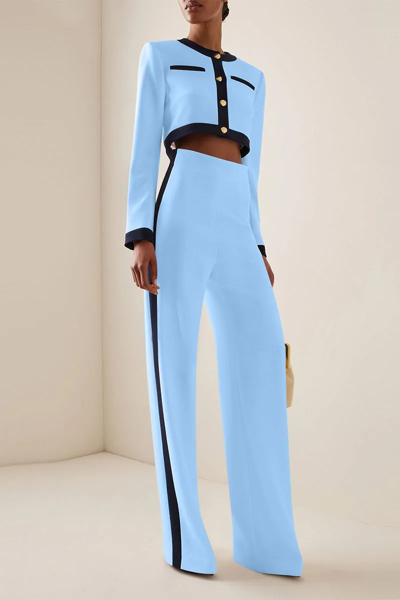 British Style Elegant Striped Patchwork Contrast O Neck Long Sleeve Two Pieces(6 Colors)