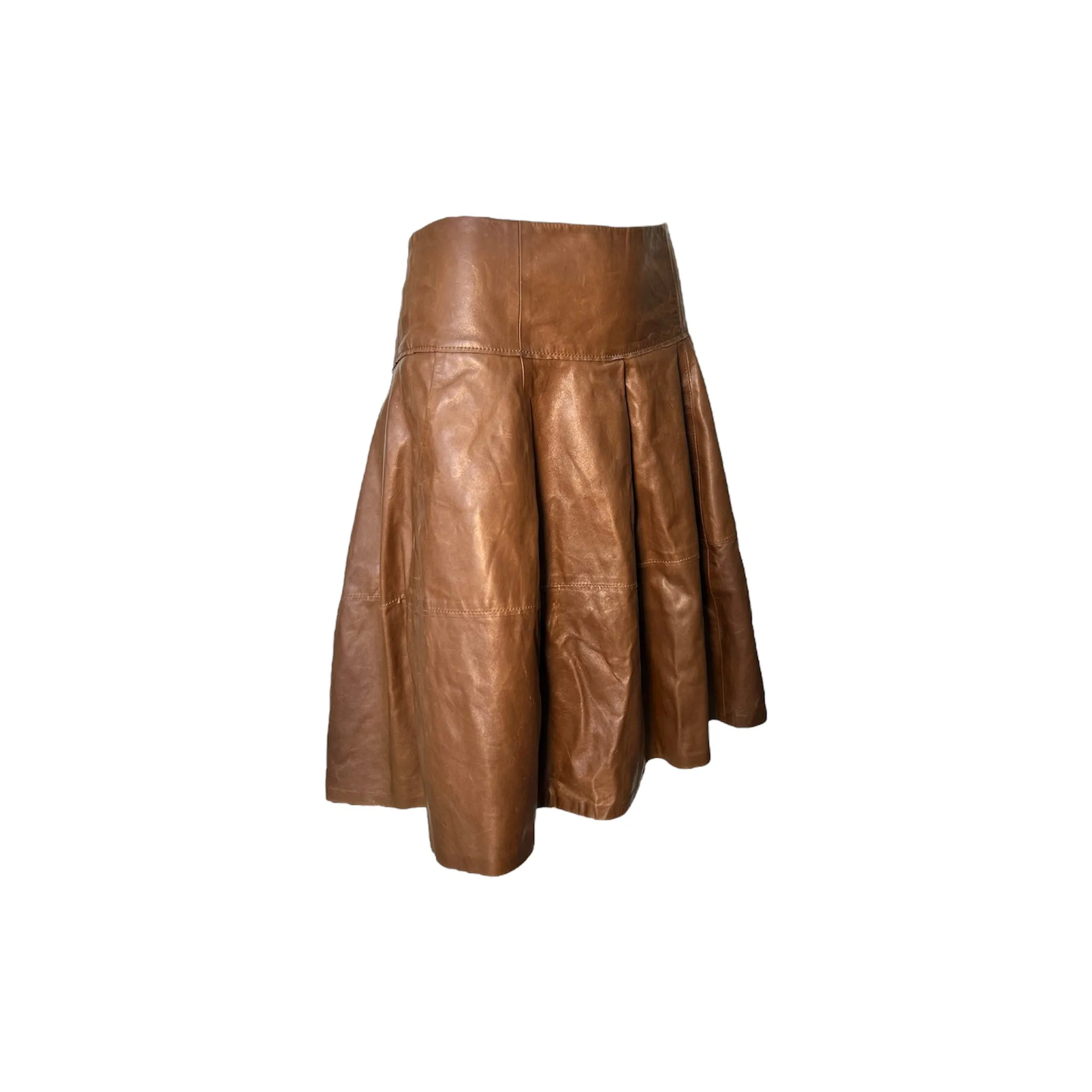 Brunello Cucinelli 2010's Brown Leather Flared Skirt, NWT
