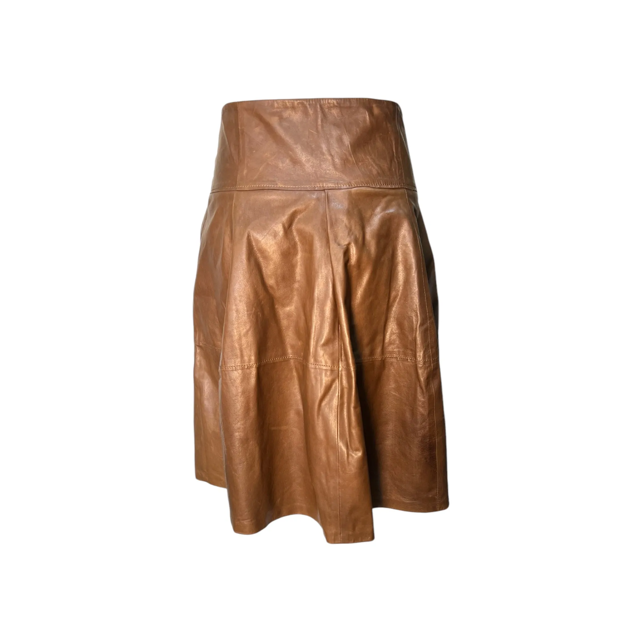 Brunello Cucinelli 2010's Brown Leather Flared Skirt, NWT