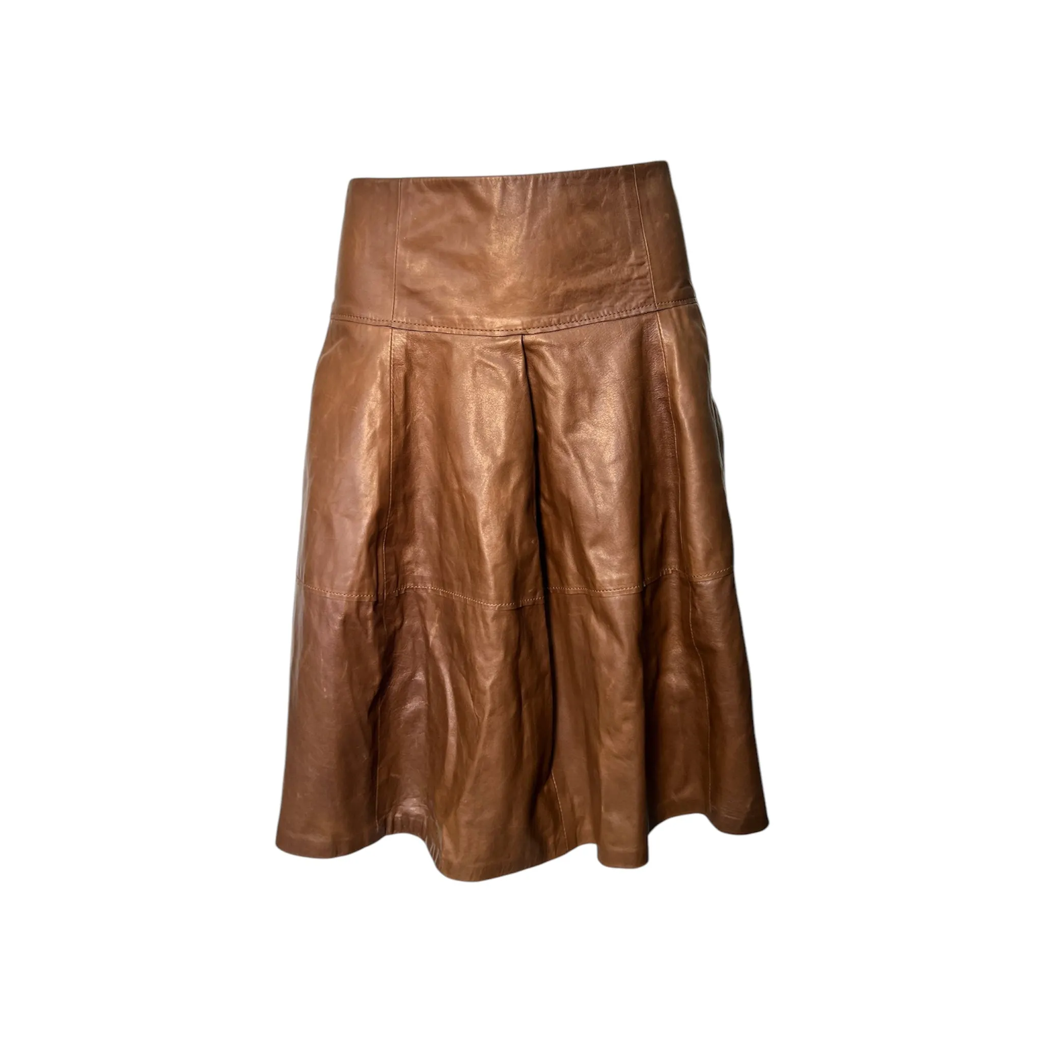 Brunello Cucinelli 2010's Brown Leather Flared Skirt, NWT