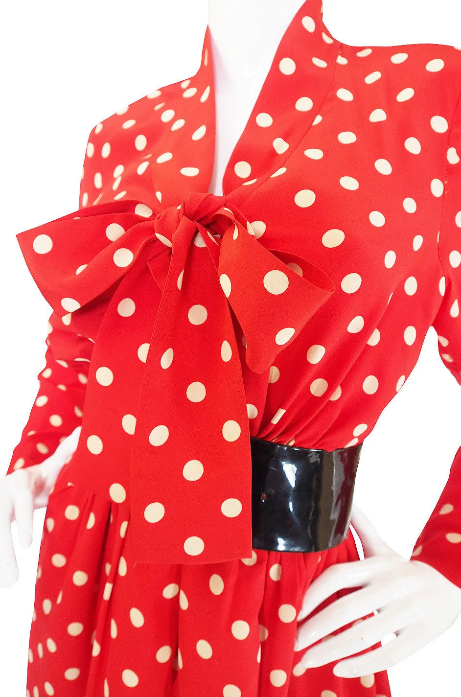 c.1963 Belted Norman Norell Chic Red Silk Dot Dress
