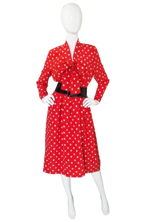 c.1963 Belted Norman Norell Chic Red Silk Dot Dress