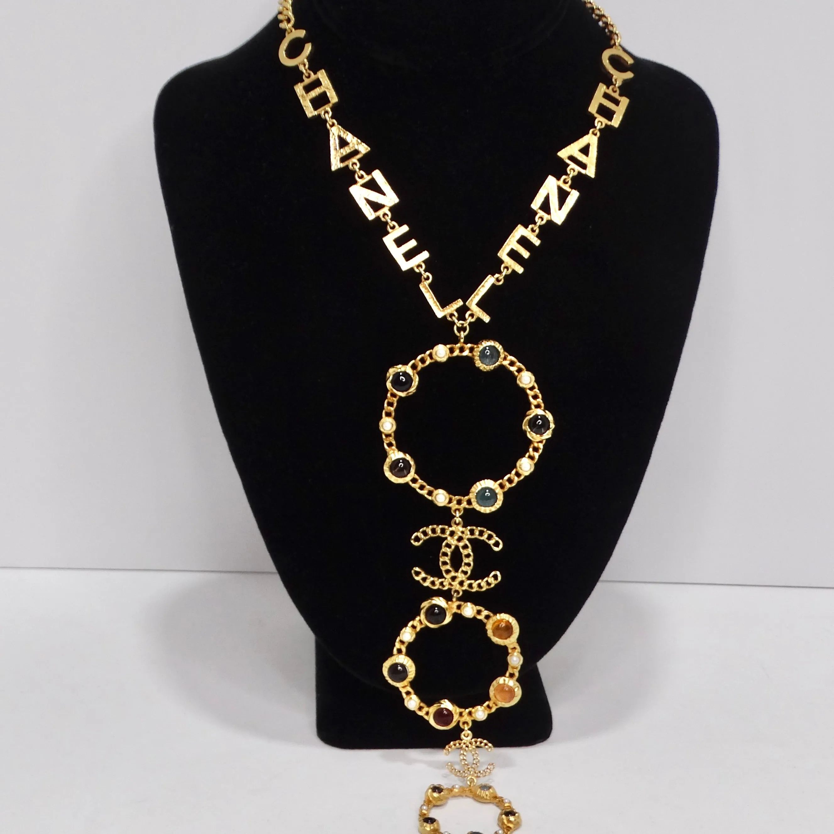 Chanel 18K Gold Plated Logo Multi Gemstone Lariat Necklace