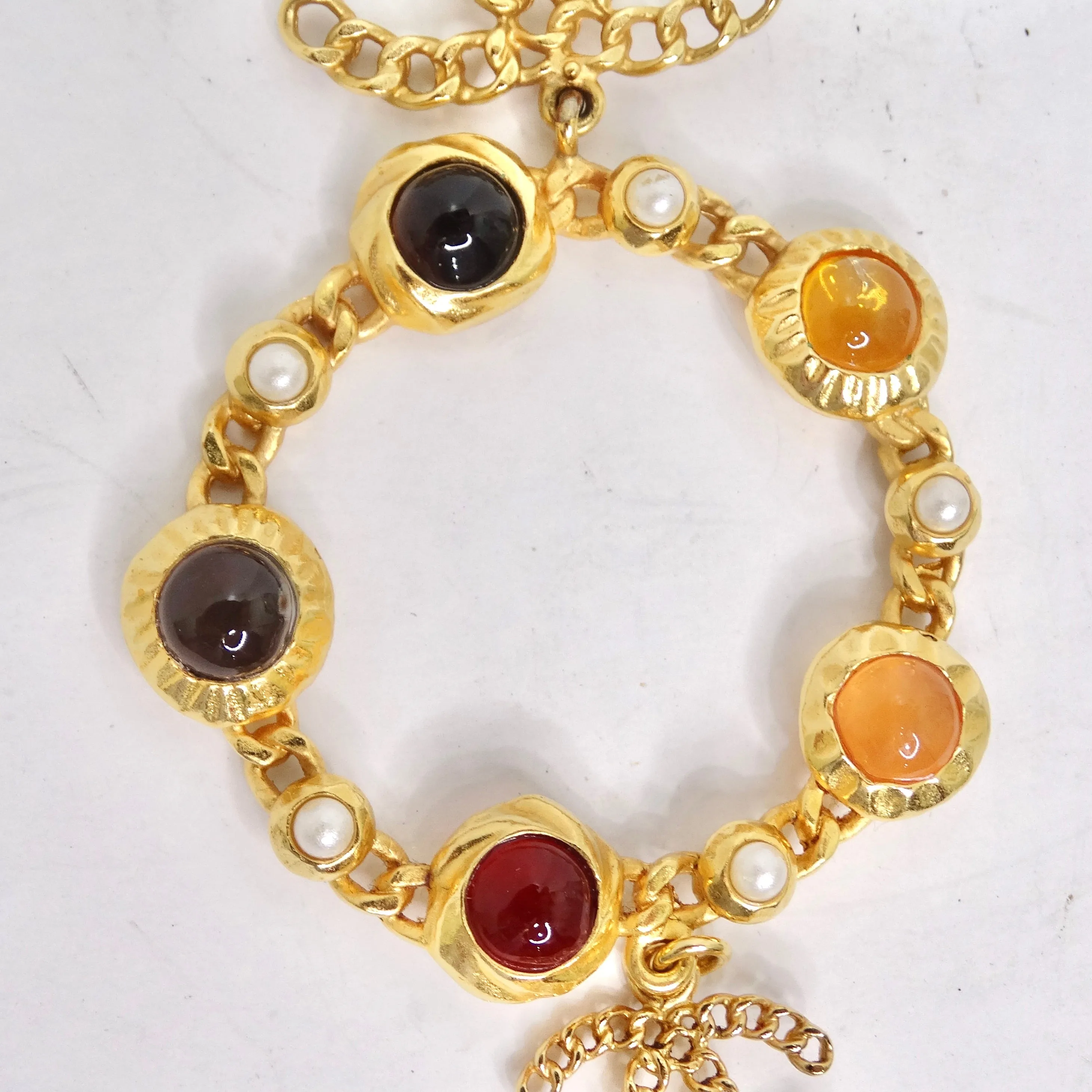 Chanel 18K Gold Plated Logo Multi Gemstone Lariat Necklace