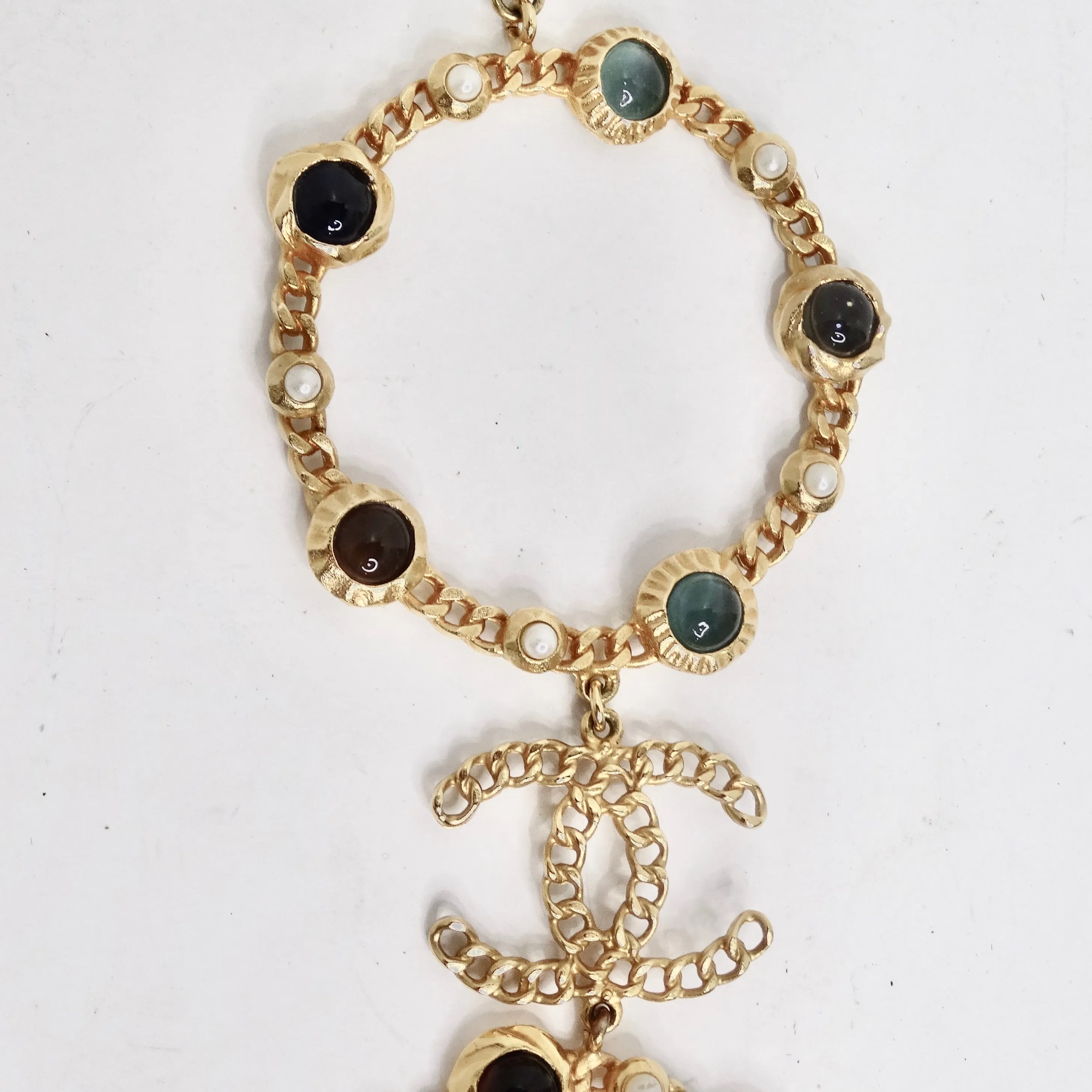 Chanel 18K Gold Plated Logo Multi Gemstone Lariat Necklace
