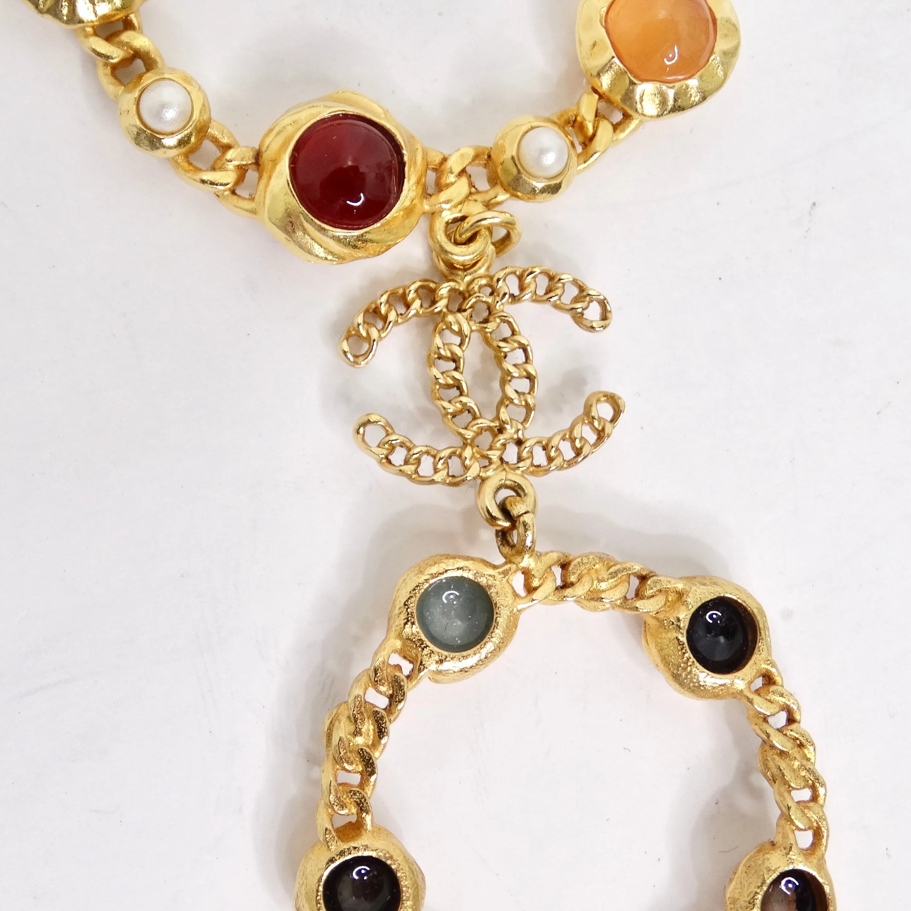 Chanel 18K Gold Plated Logo Multi Gemstone Lariat Necklace