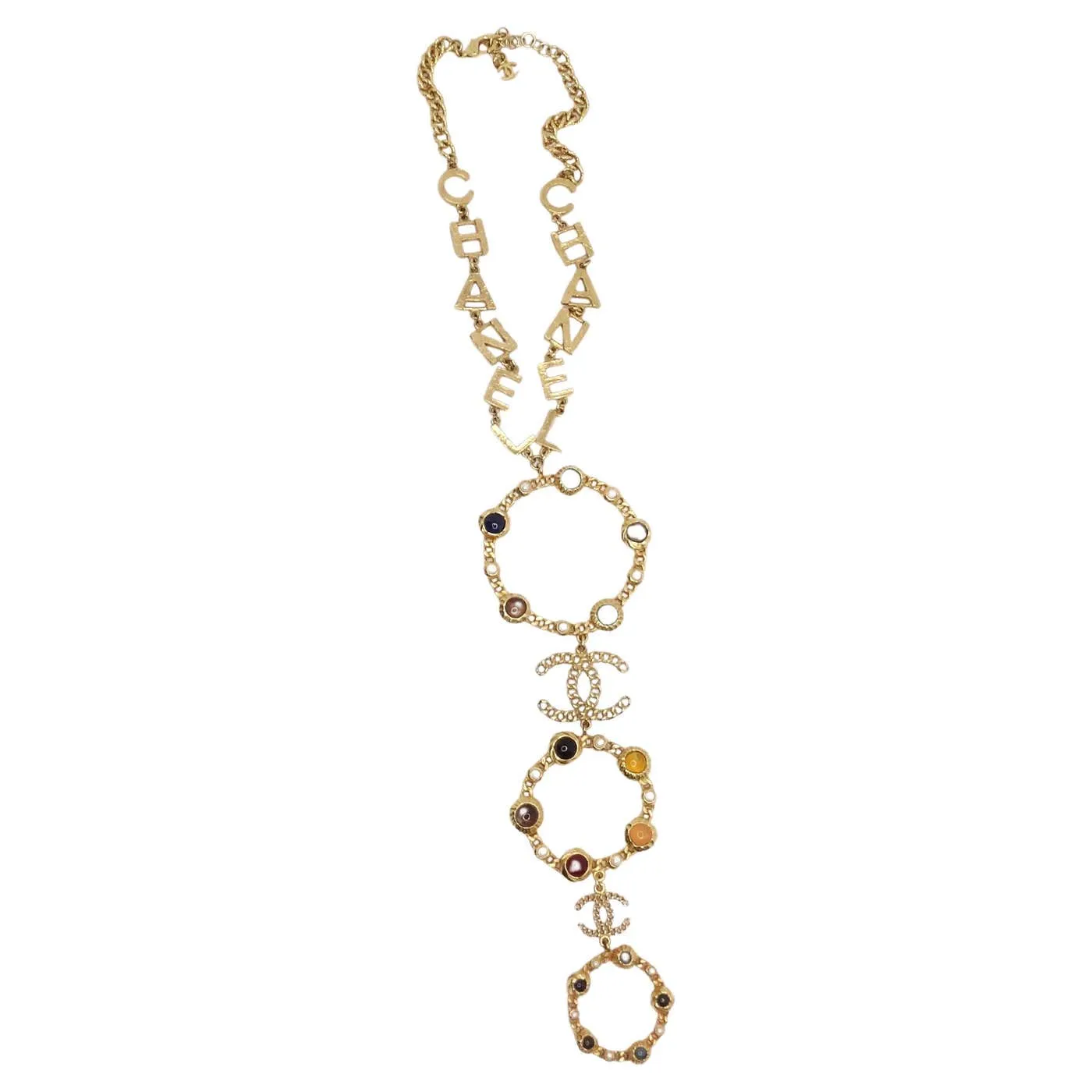 Chanel 18K Gold Plated Logo Multi Gemstone Lariat Necklace