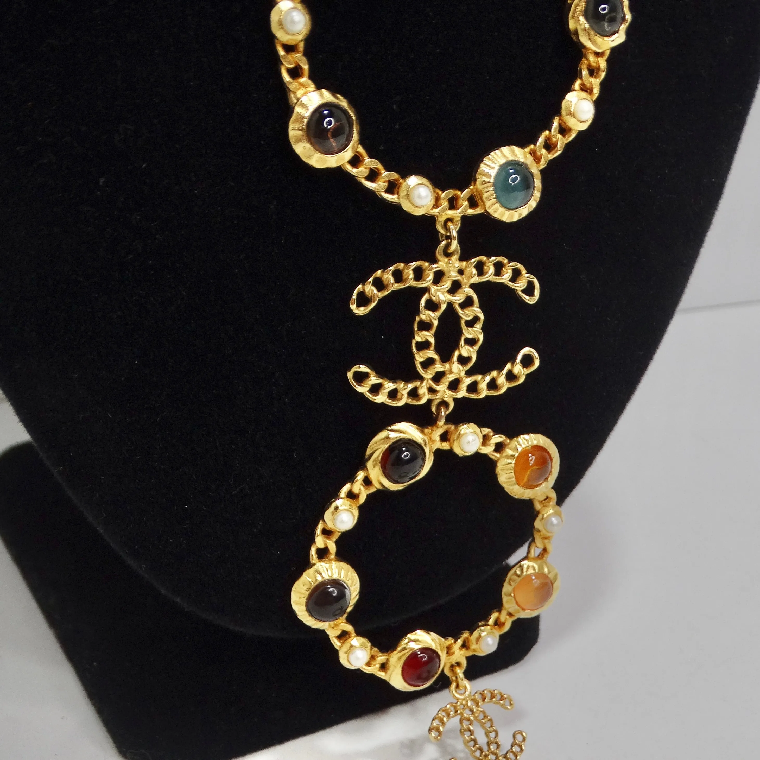 Chanel 18K Gold Plated Logo Multi Gemstone Lariat Necklace