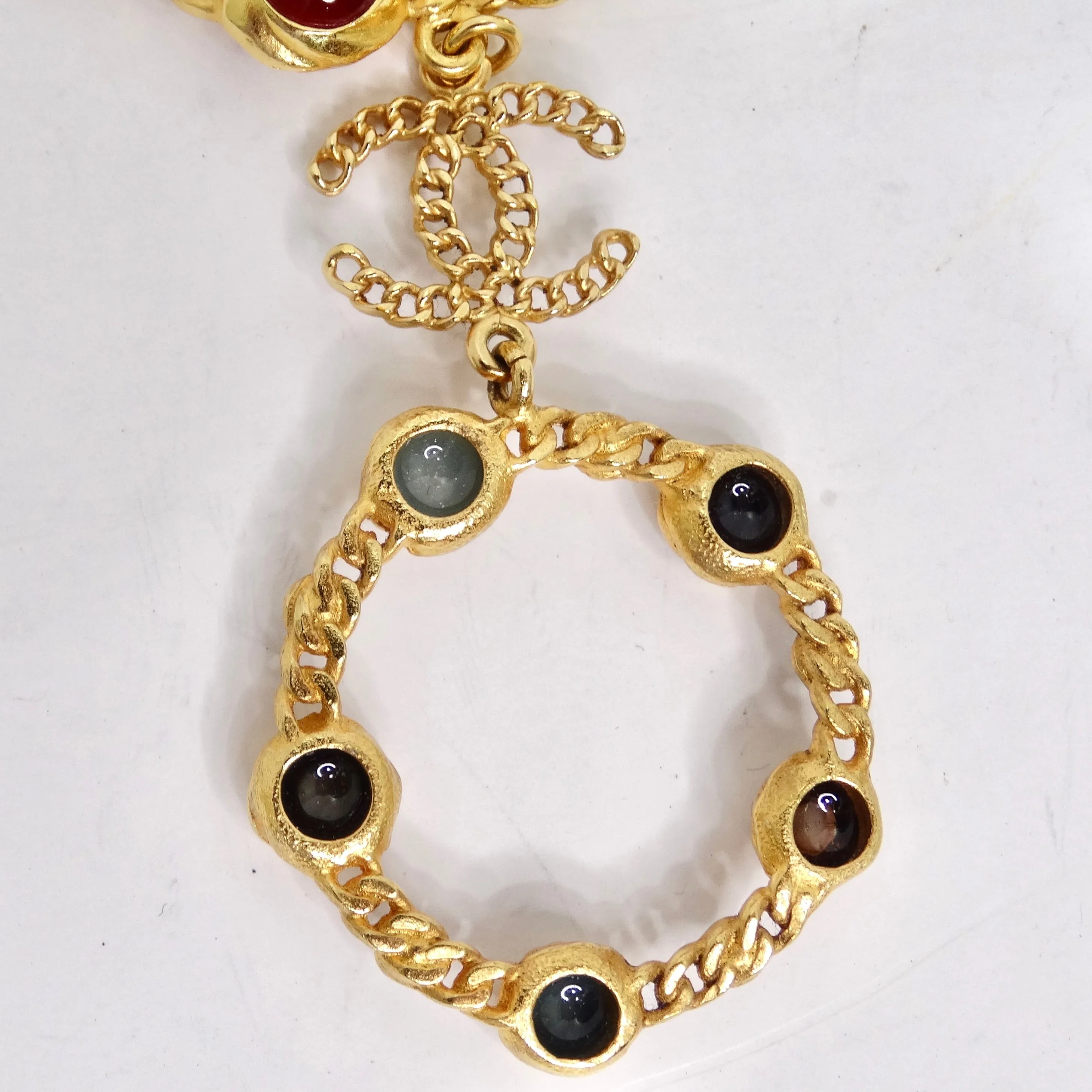 Chanel 18K Gold Plated Logo Multi Gemstone Lariat Necklace