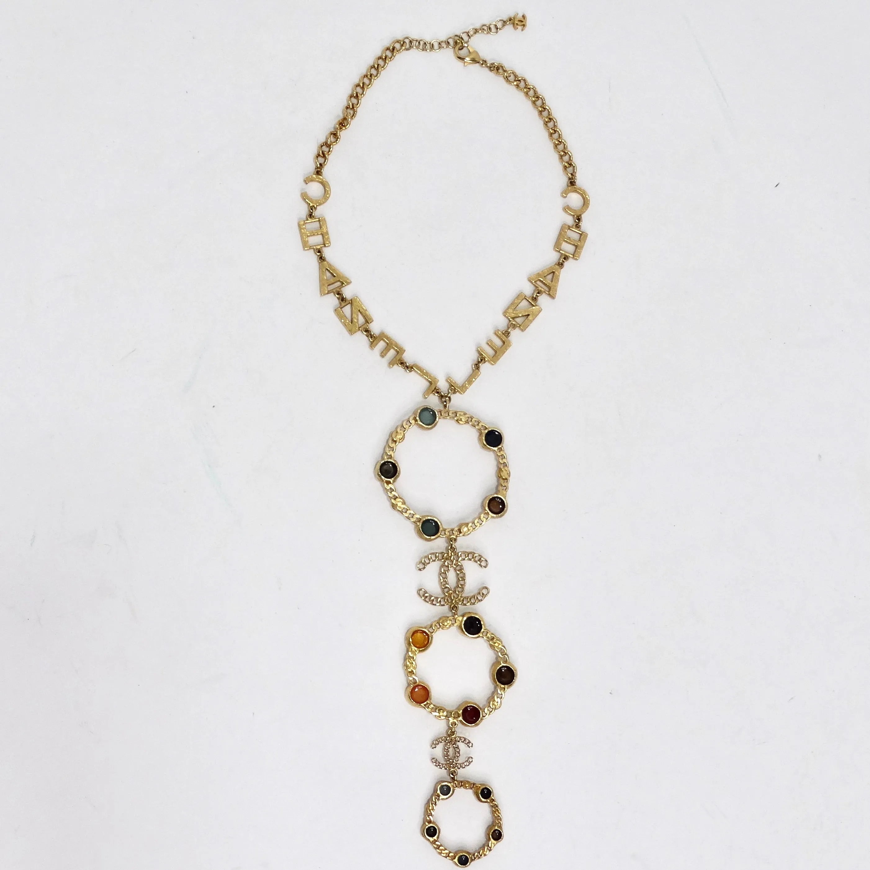 Chanel 18K Gold Plated Logo Multi Gemstone Lariat Necklace