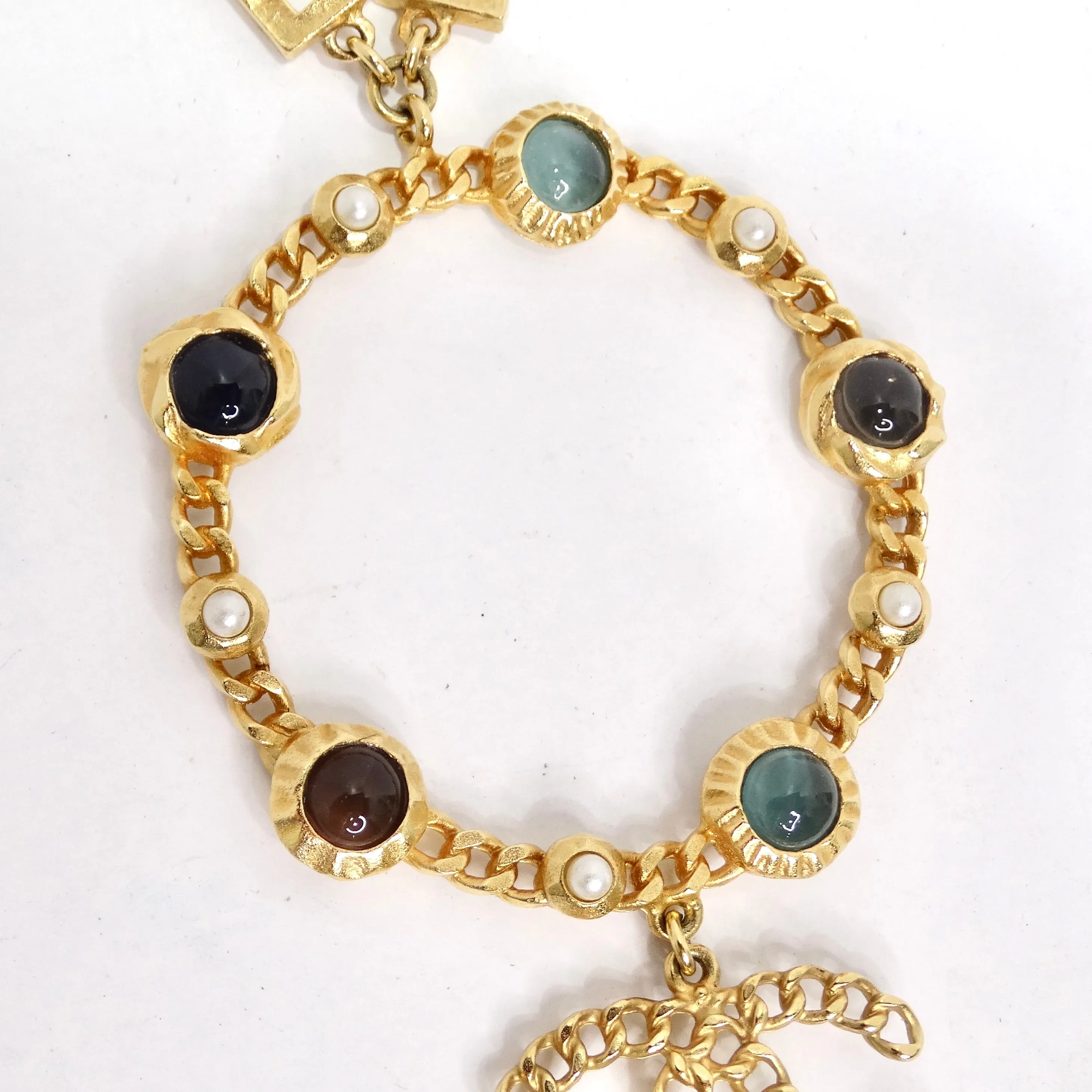 Chanel 18K Gold Plated Logo Multi Gemstone Lariat Necklace