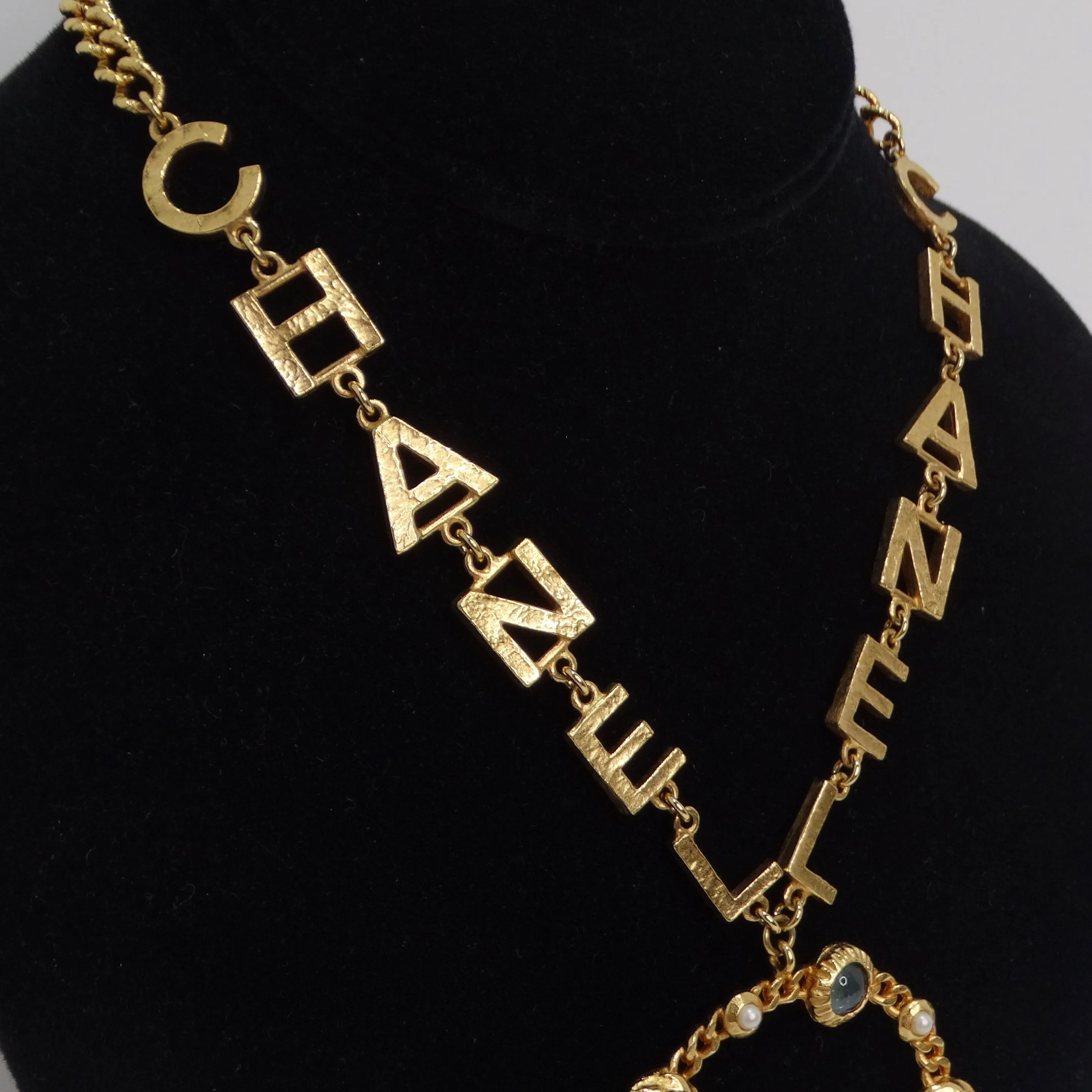 Chanel 18K Gold Plated Logo Multi Gemstone Lariat Necklace