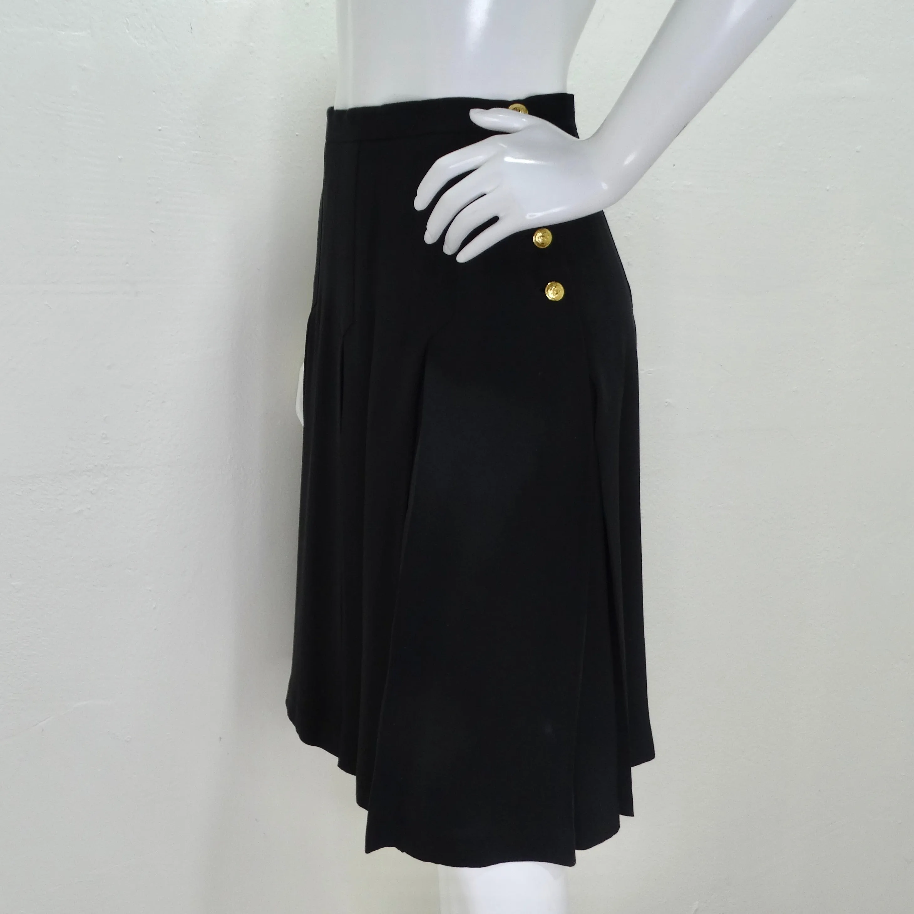 Chanel 90s CC Button Black Pleated Midi Skirt