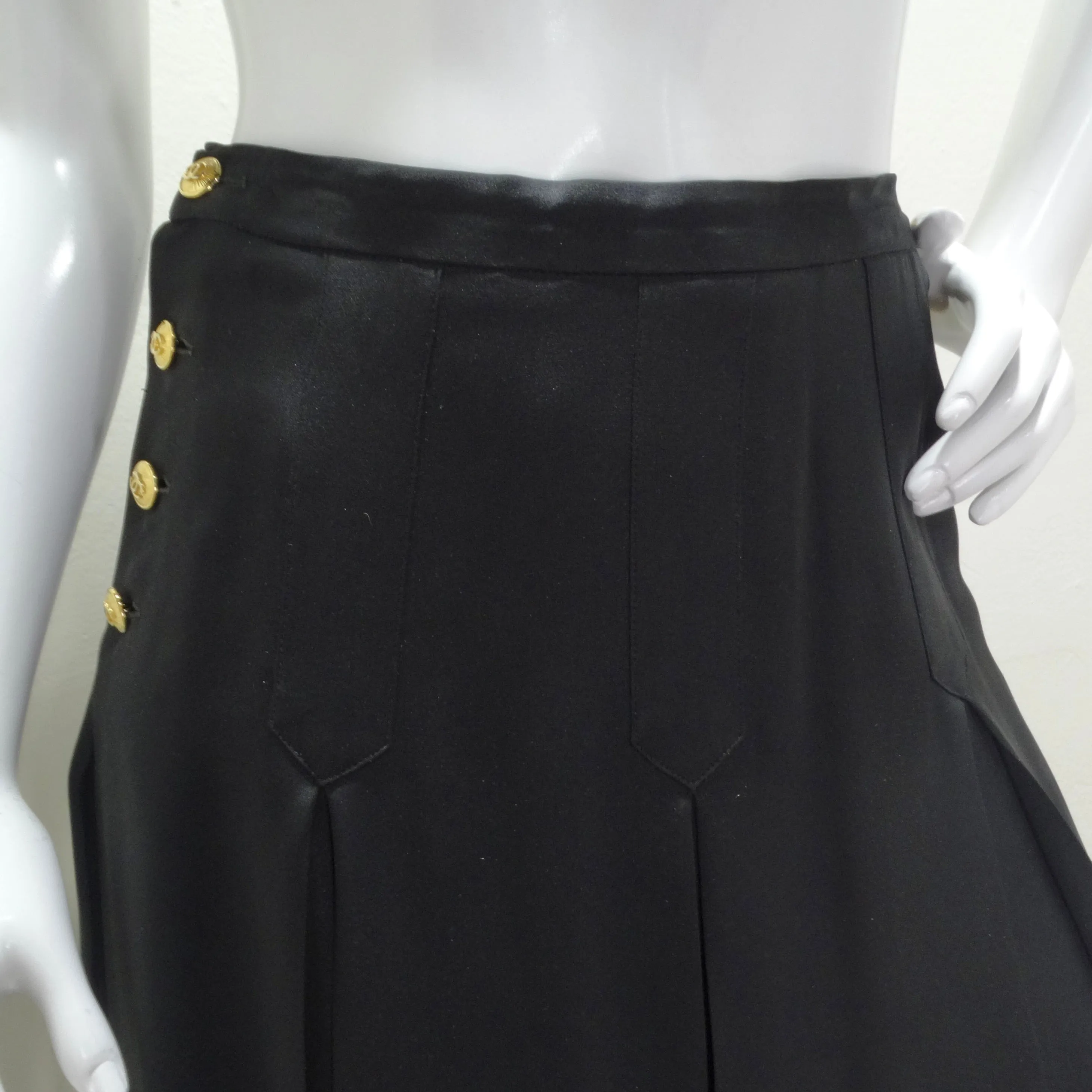 Chanel 90s CC Button Black Pleated Midi Skirt