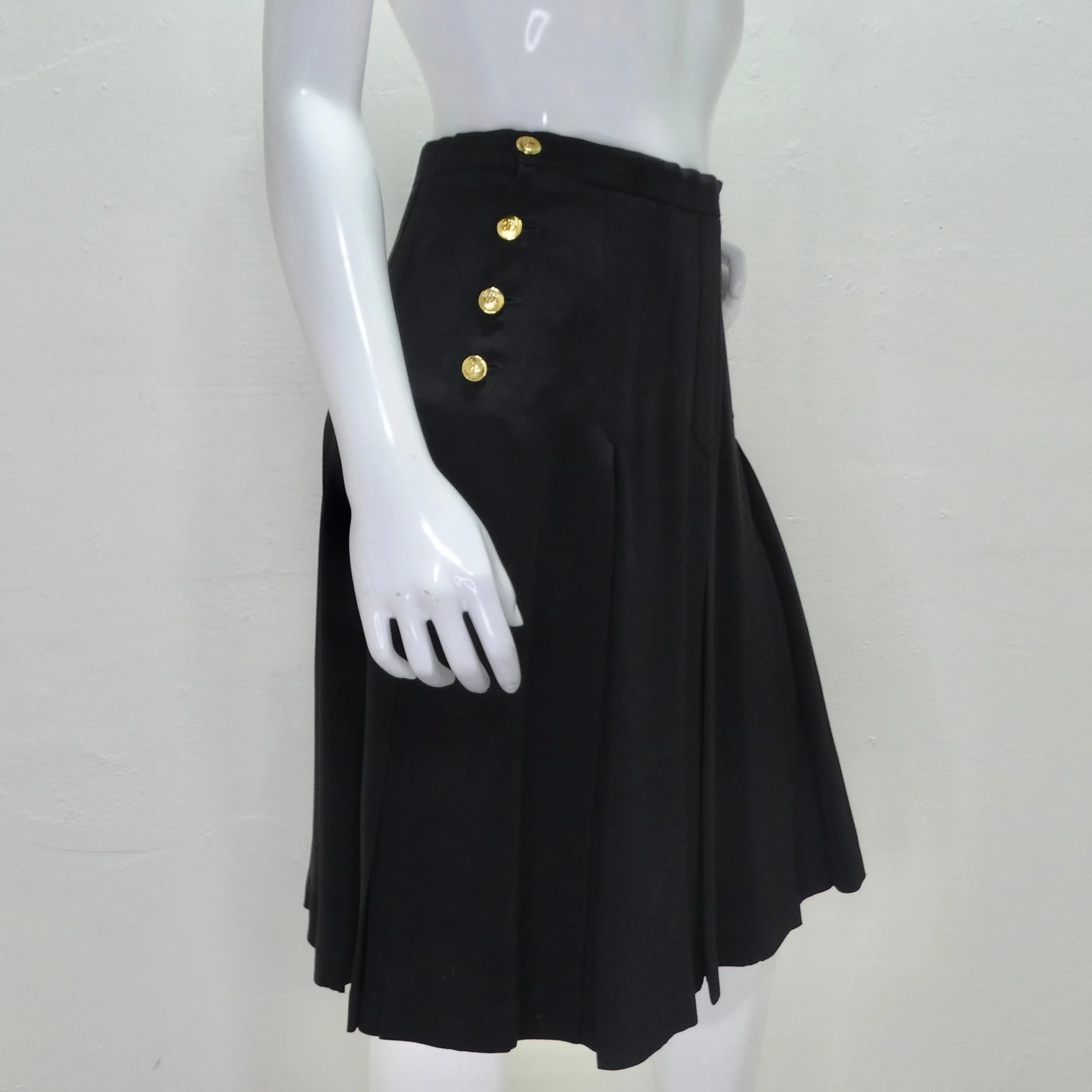 Chanel 90s CC Button Black Pleated Midi Skirt