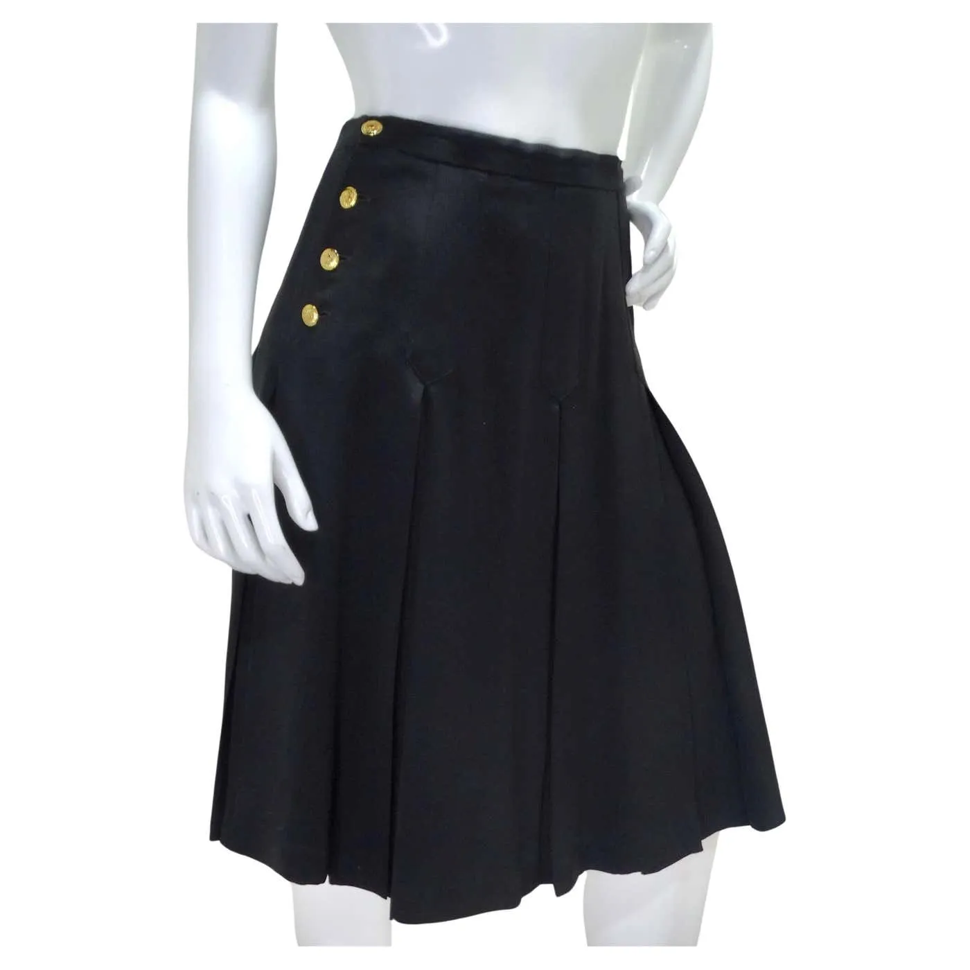 Chanel 90s CC Button Black Pleated Midi Skirt
