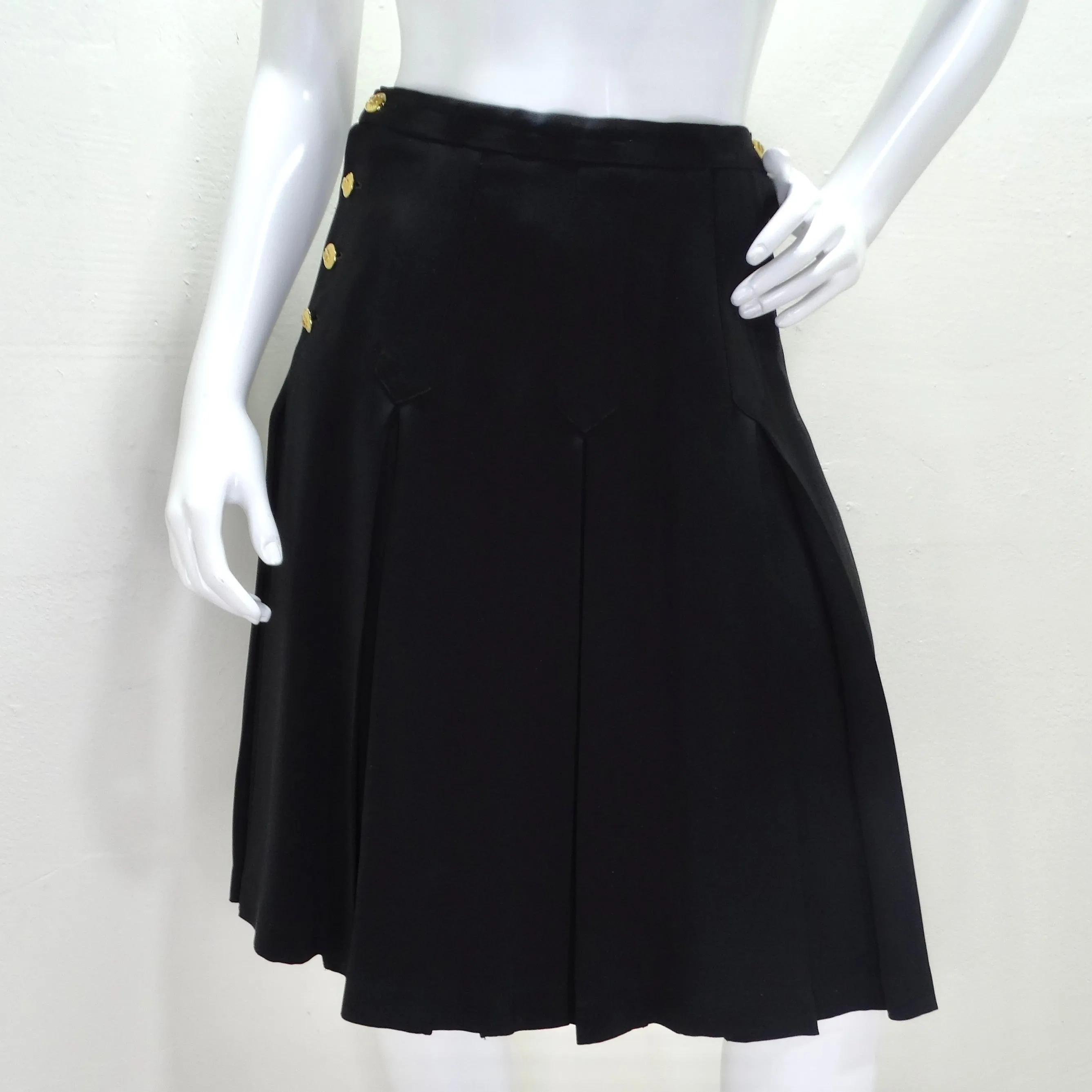 Chanel 90s CC Button Black Pleated Midi Skirt