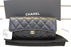 CHANEL Wallet Leather Black Quilted Lambskin Long Flap