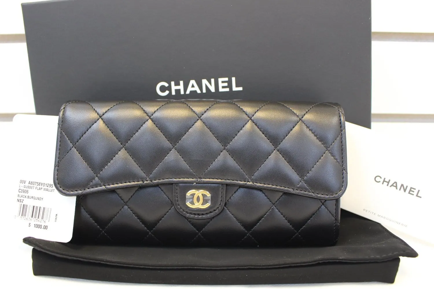 CHANEL Wallet Leather Black Quilted Lambskin Long Flap