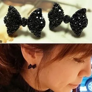 Charming Jewelry 1 Pair Lovely Rhinestones Inlaid Crystal Bowknot Shaped Ear Stud Color Black EAR-0154