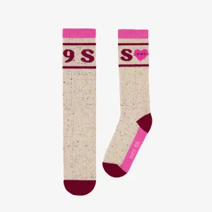 Chaussettes longues beiges et magenta en tricot tressée, enfant ||  Beige and magenta cable knit socks, child