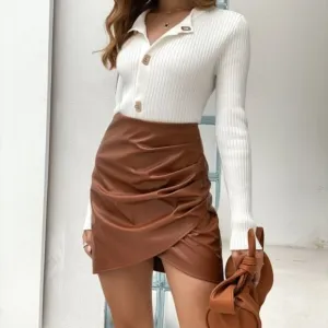 Chic camel Ruched Tulip Hem Vegan Leather Mini Ski