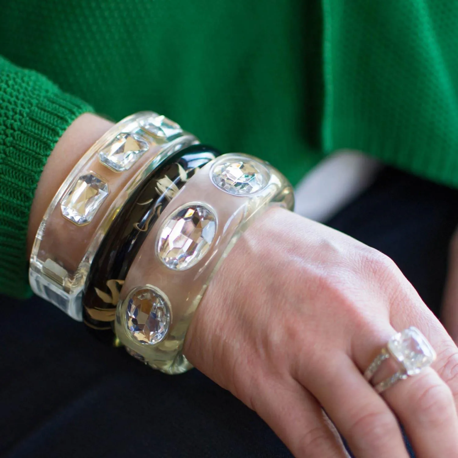 Clear Lucite Hinged Bangle Bracelet with huge channel set rhinestones