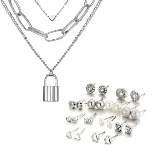 Combo Of Silver Heart Lock Pendant With Earring Set