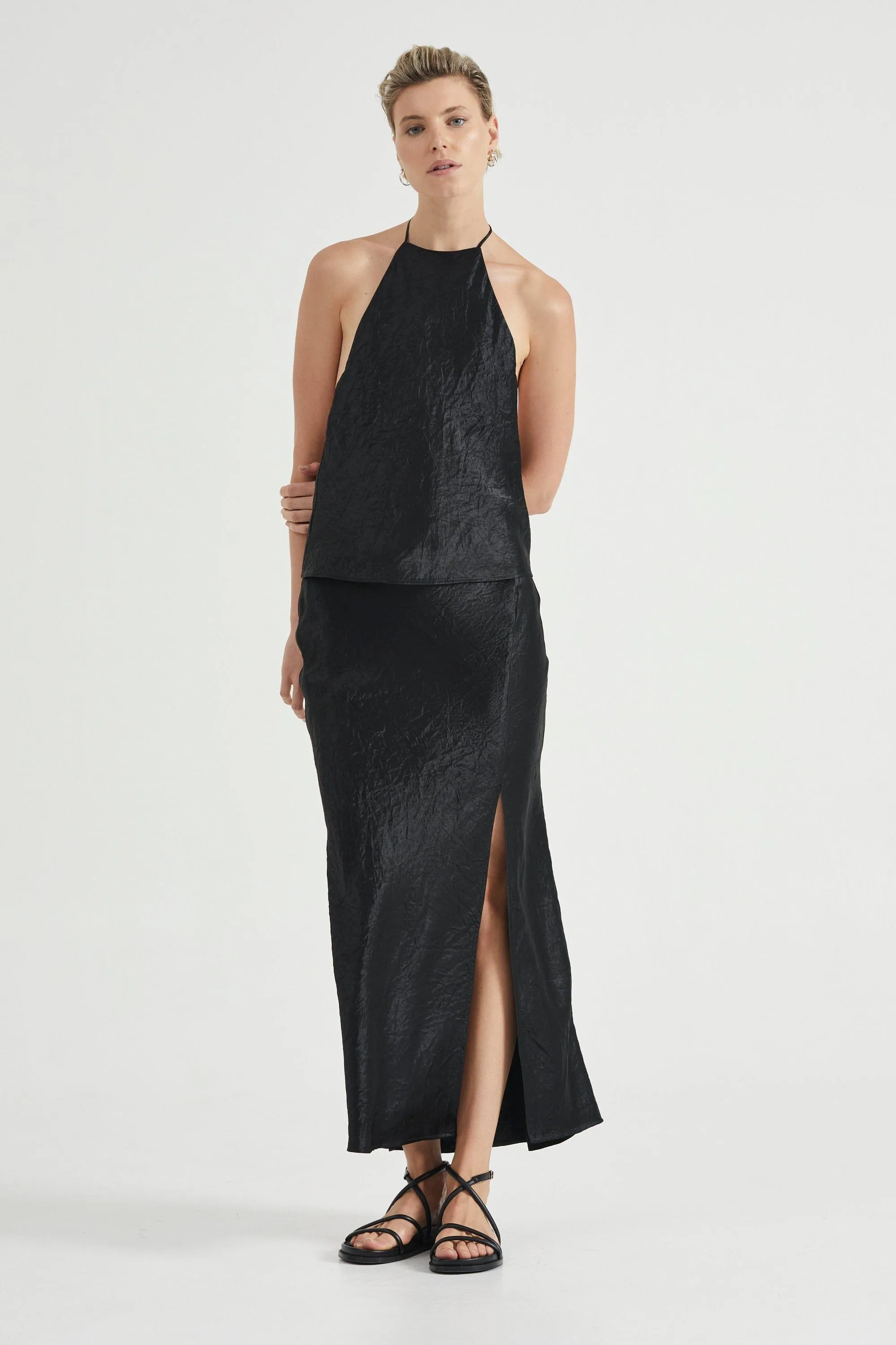CRUSH BIAS SPLIT MAXI SKIRT | BLACK