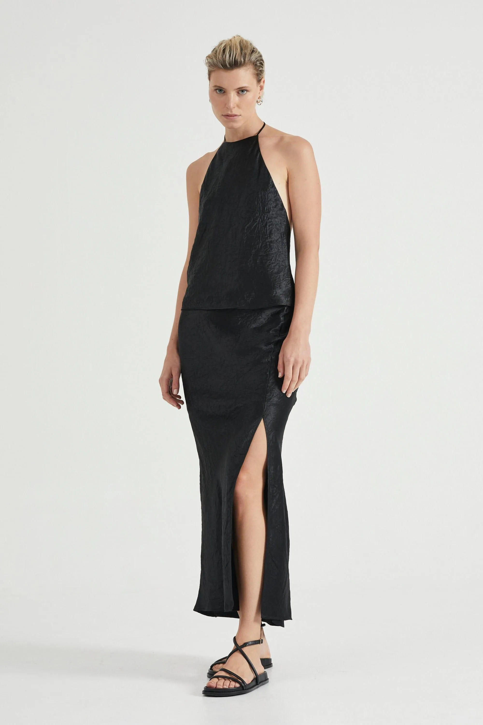 CRUSH BIAS SPLIT MAXI SKIRT | BLACK