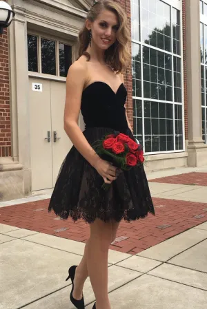Cute Black Sweetheart Strapless Lace Prom/Homecoming Dresses,Little Black Dresses OK354