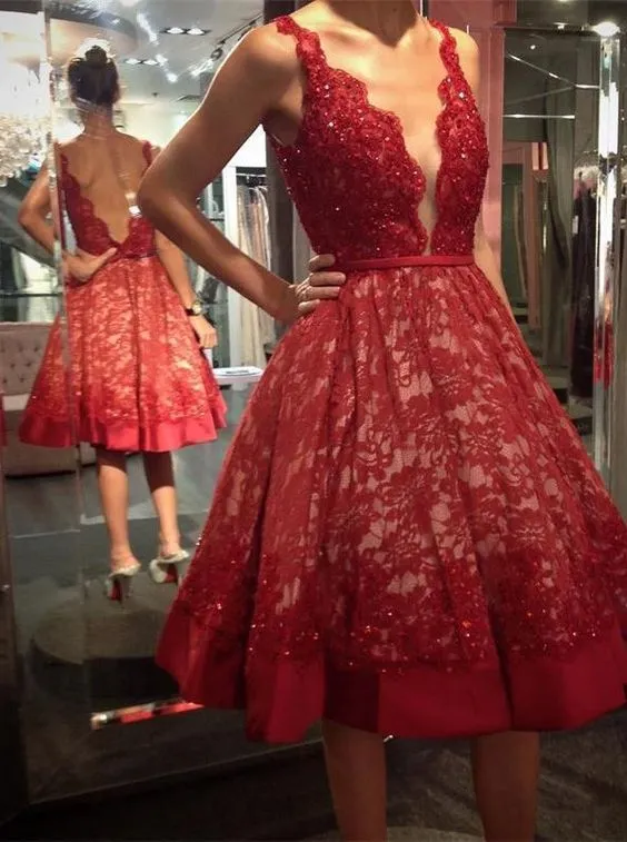 Deep V-neck Red Lace Knee Length Homecoming Dress,Backless Short Prom Dresses OK350