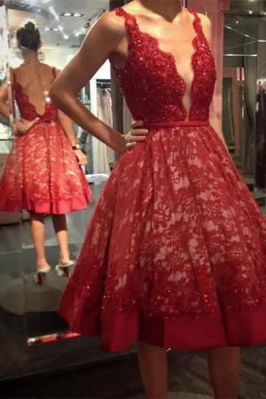 Deep V-neck Red Lace Knee Length Homecoming Dress,Backless Short Prom Dresses OK350