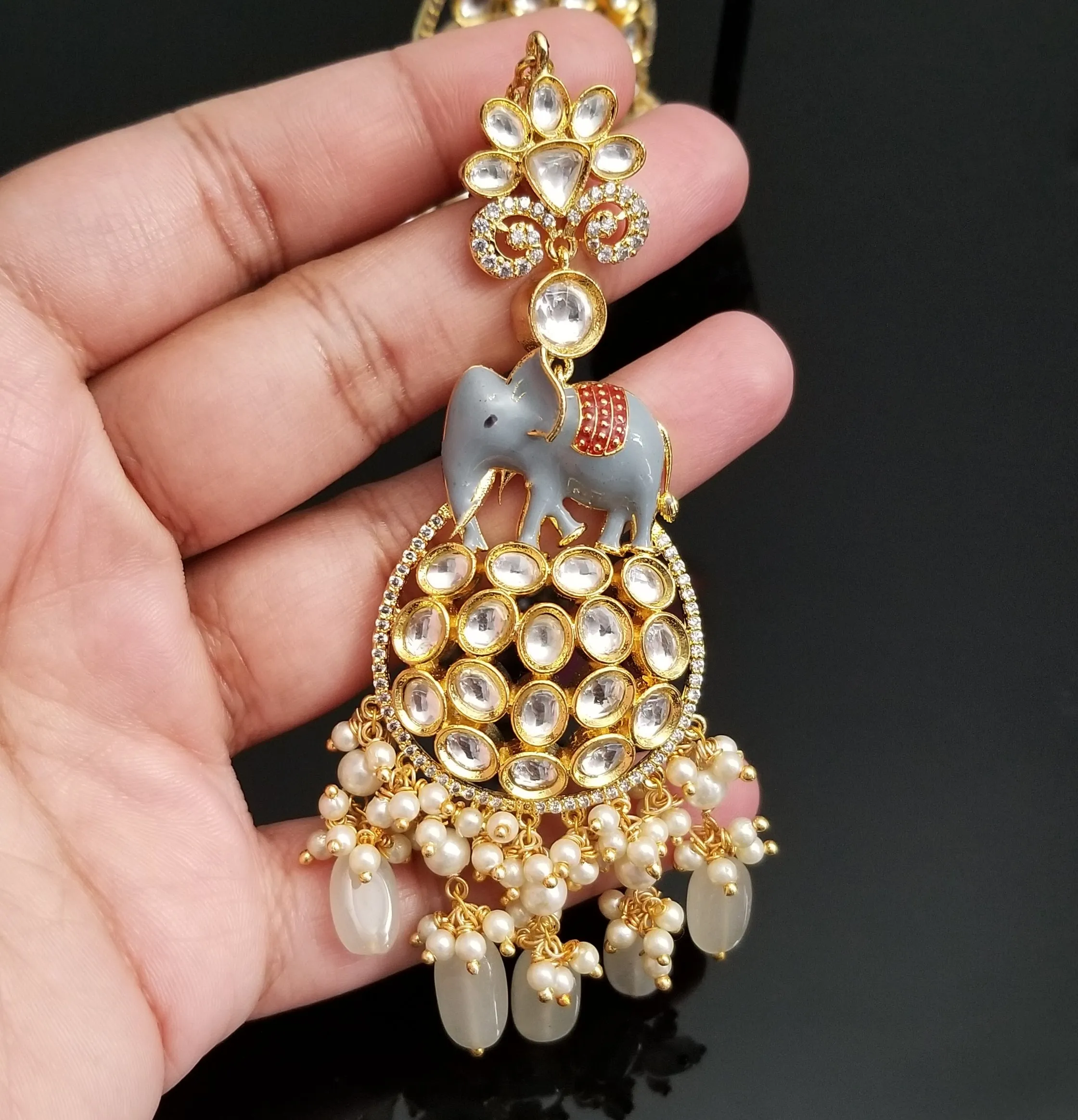 Designer Elephant Kundan Earrings With Back Chain