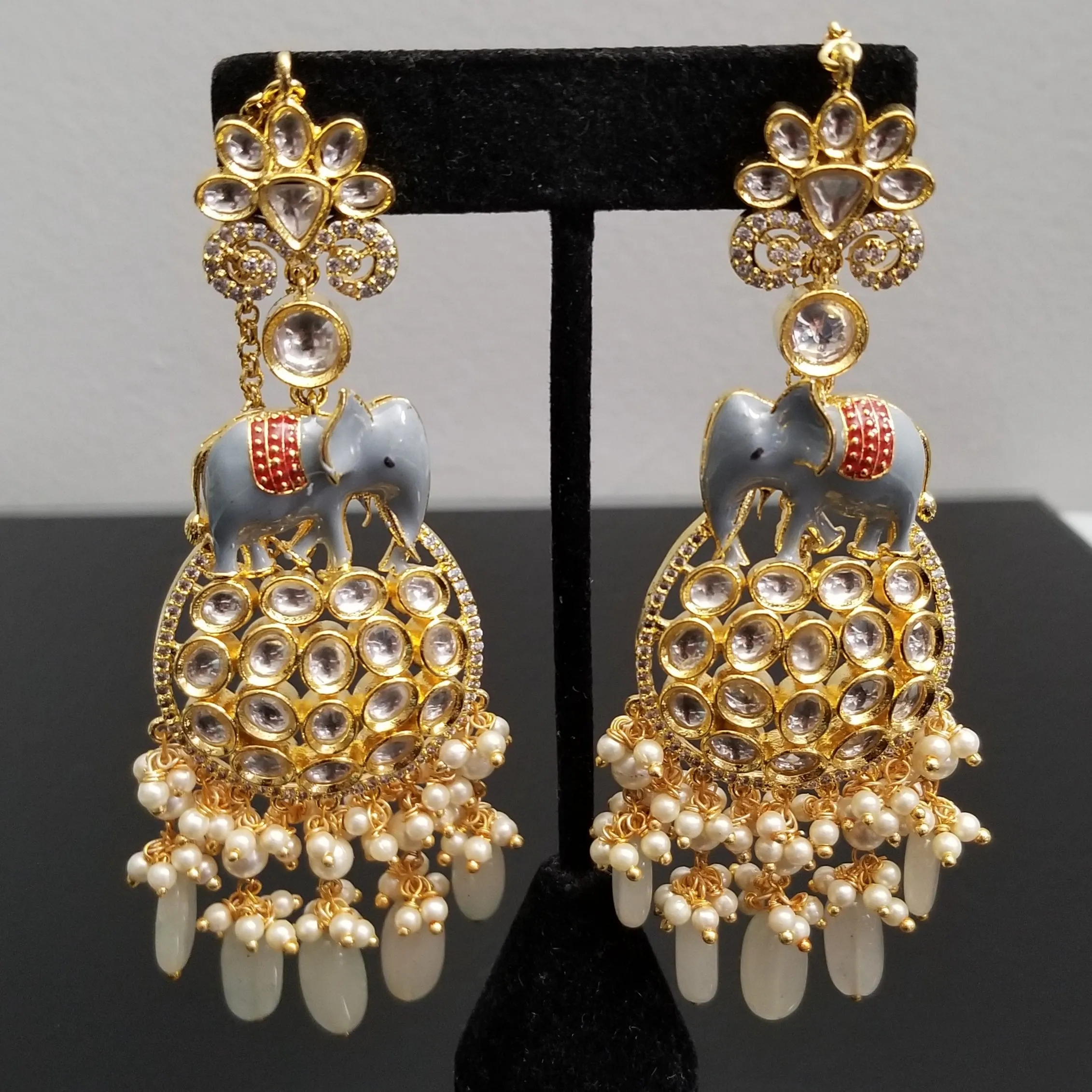 Designer Elephant Kundan Earrings With Back Chain
