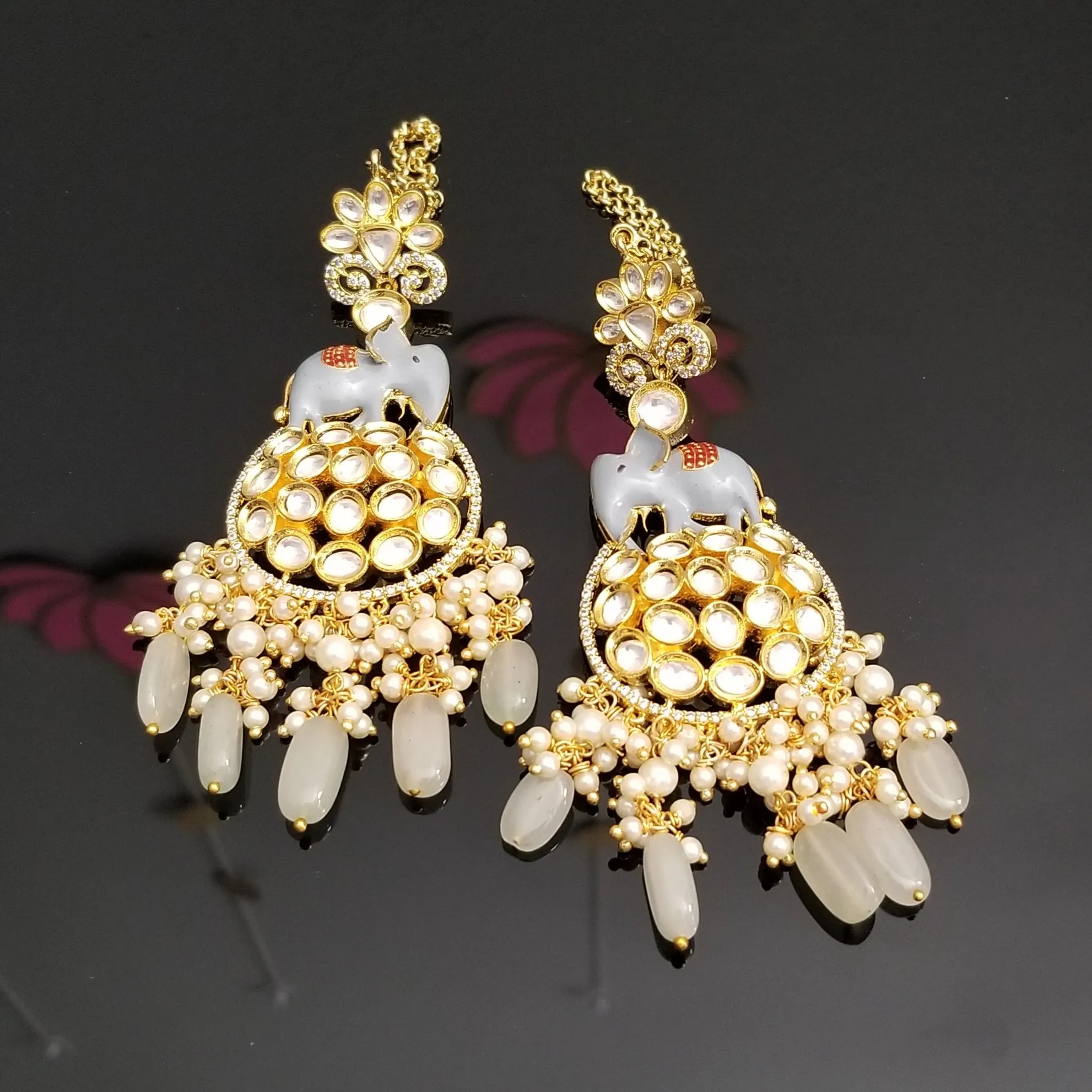 Designer Elephant Kundan Earrings With Back Chain