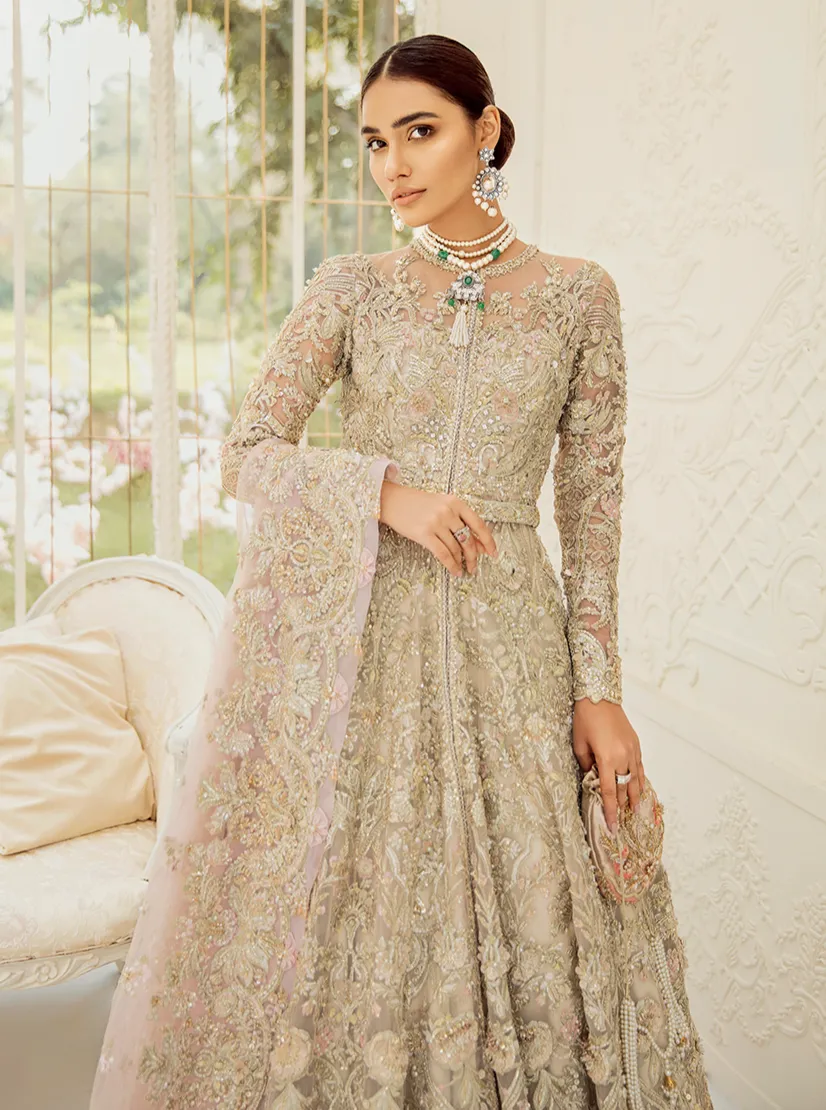 Designer Gold Pink Lehenga Gown for Indian Bridal Wear