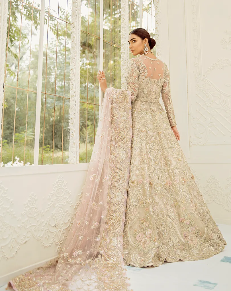 Designer Gold Pink Lehenga Gown for Indian Bridal Wear