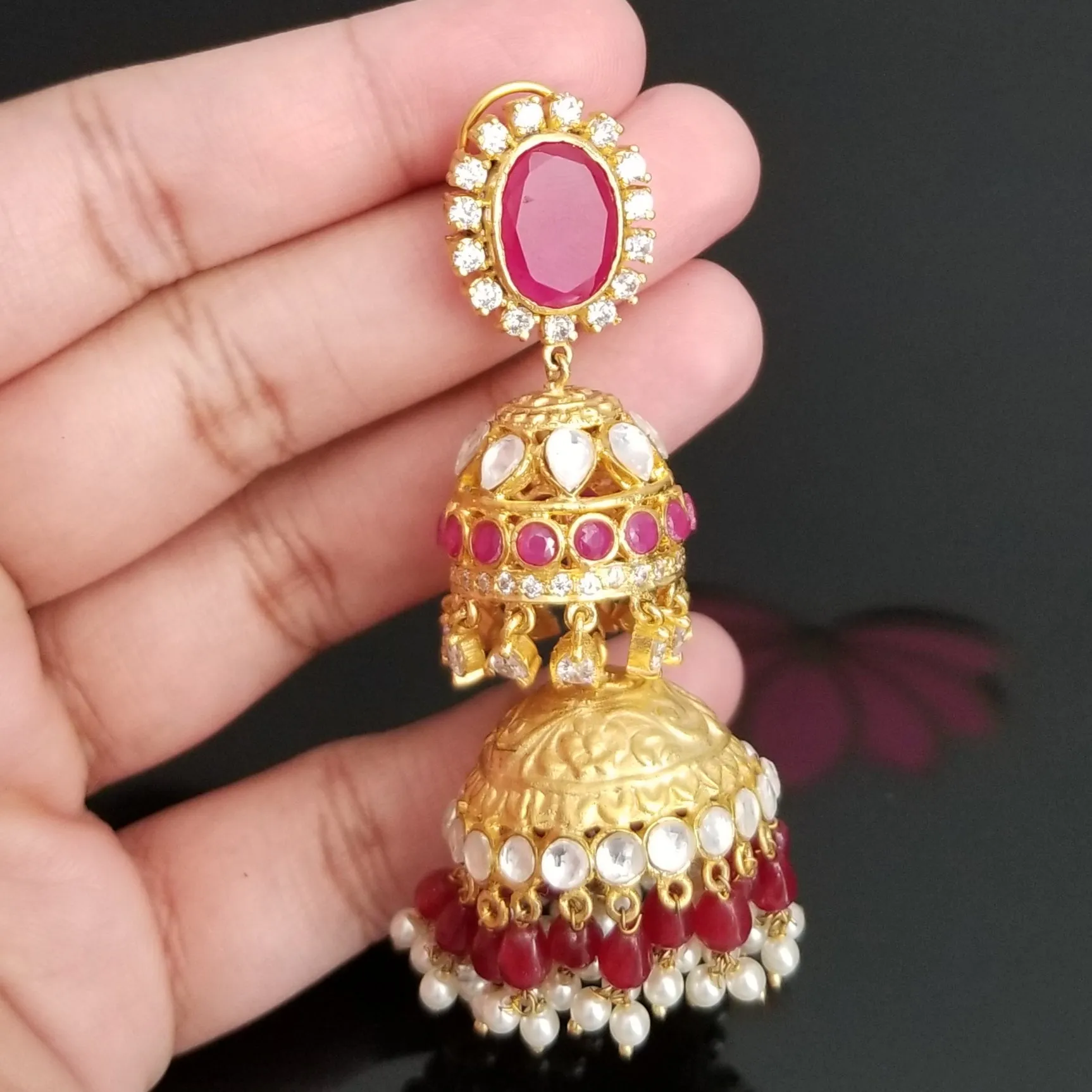 Designer Jhumkis With Matte Gold Plating