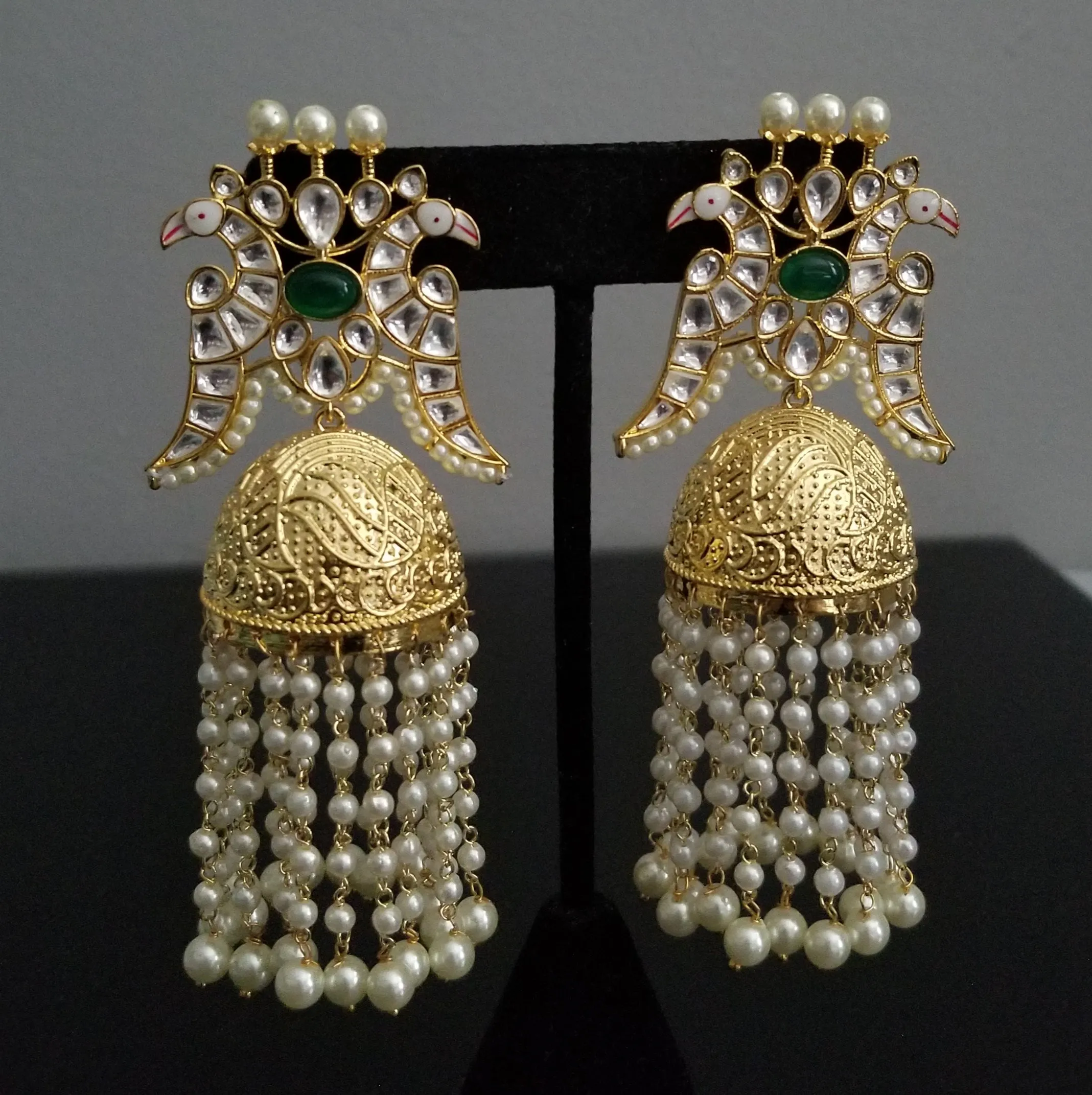 Designer Peacock Kundan Earrings With Pearl Tassels ST1