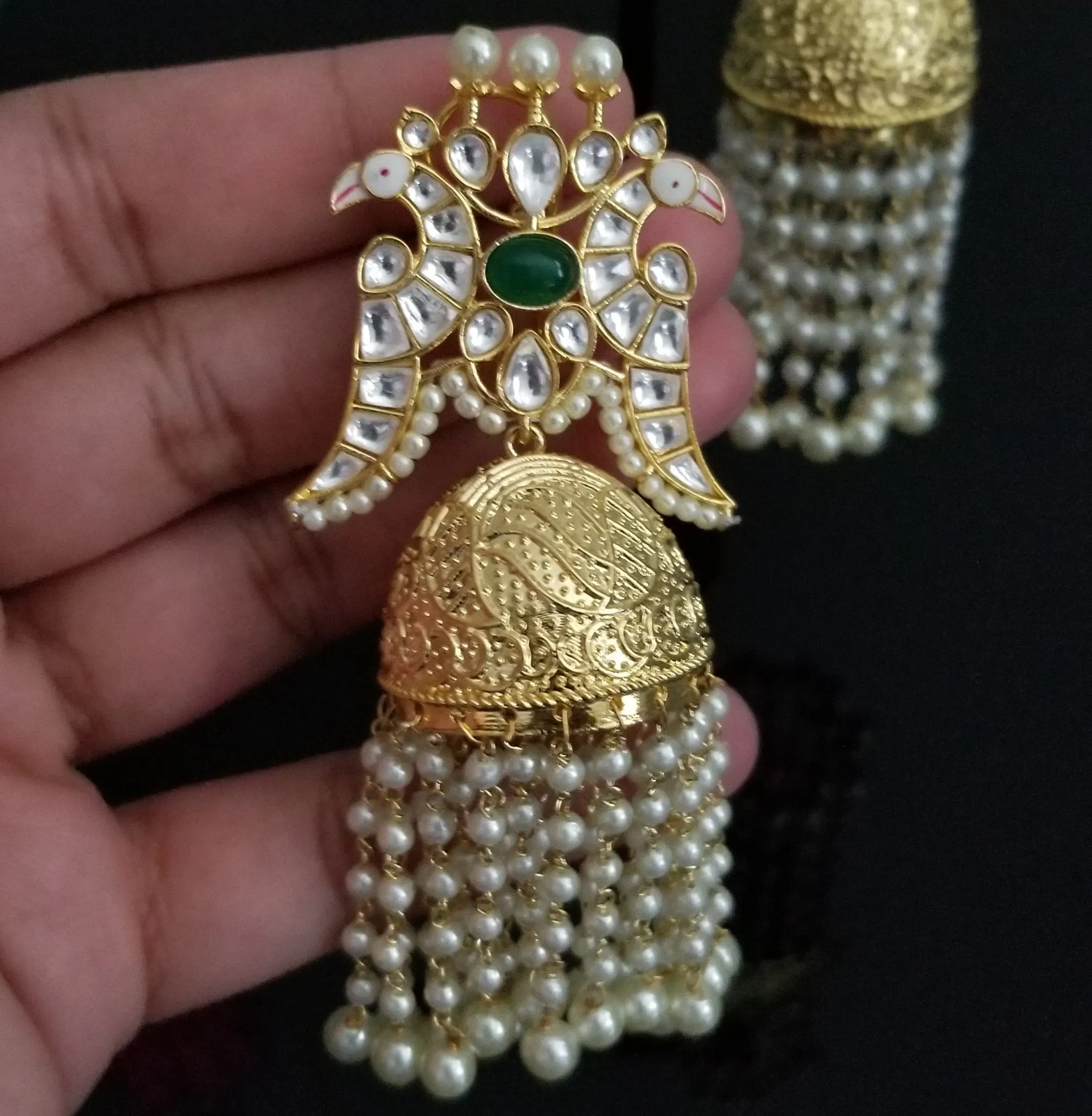 Designer Peacock Kundan Earrings With Pearl Tassels ST1