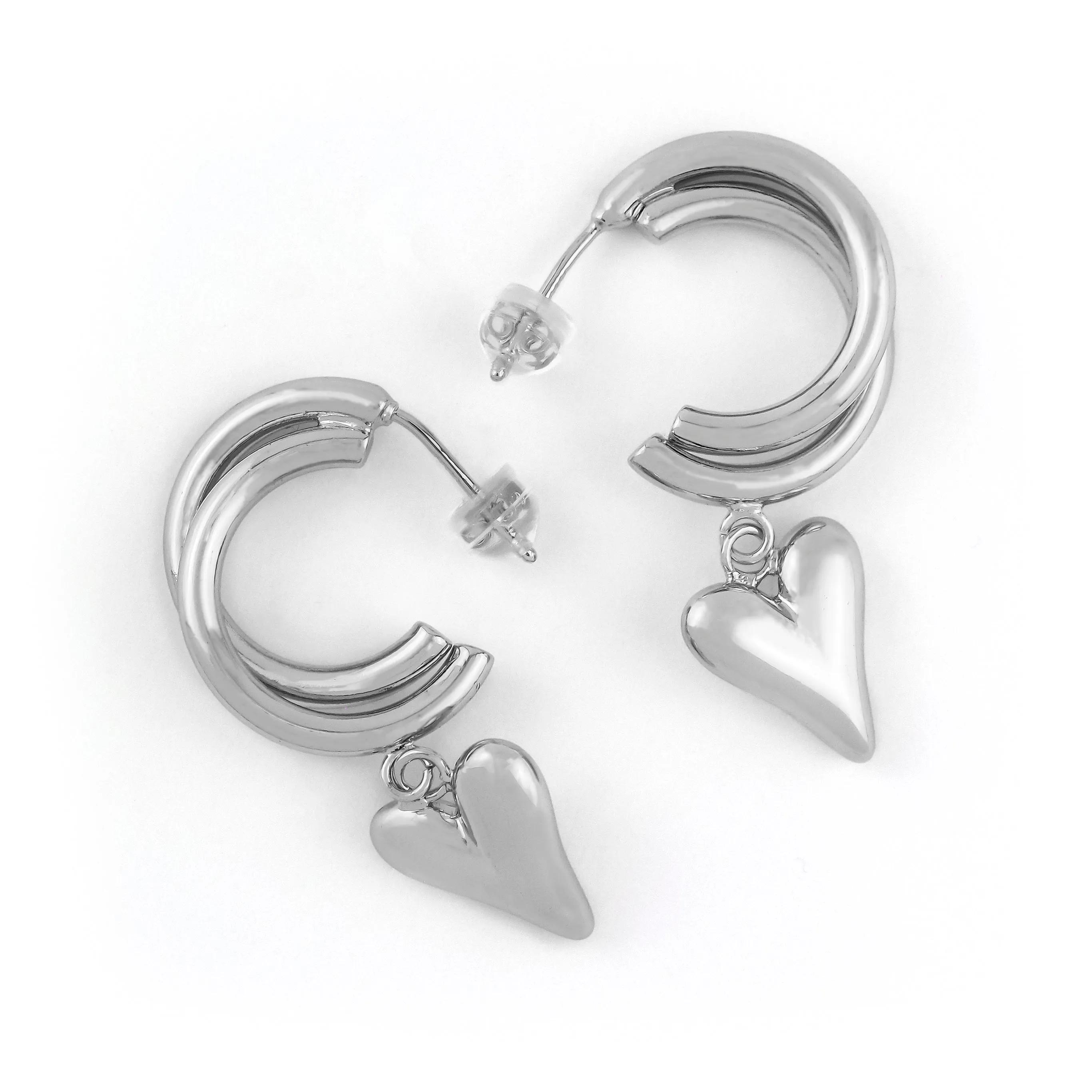 Double Hoop Heart Silver Earring