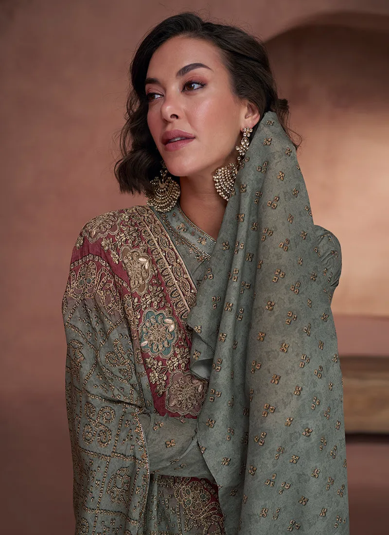 Dusty Green Embroidery Designer Anarkali Gown