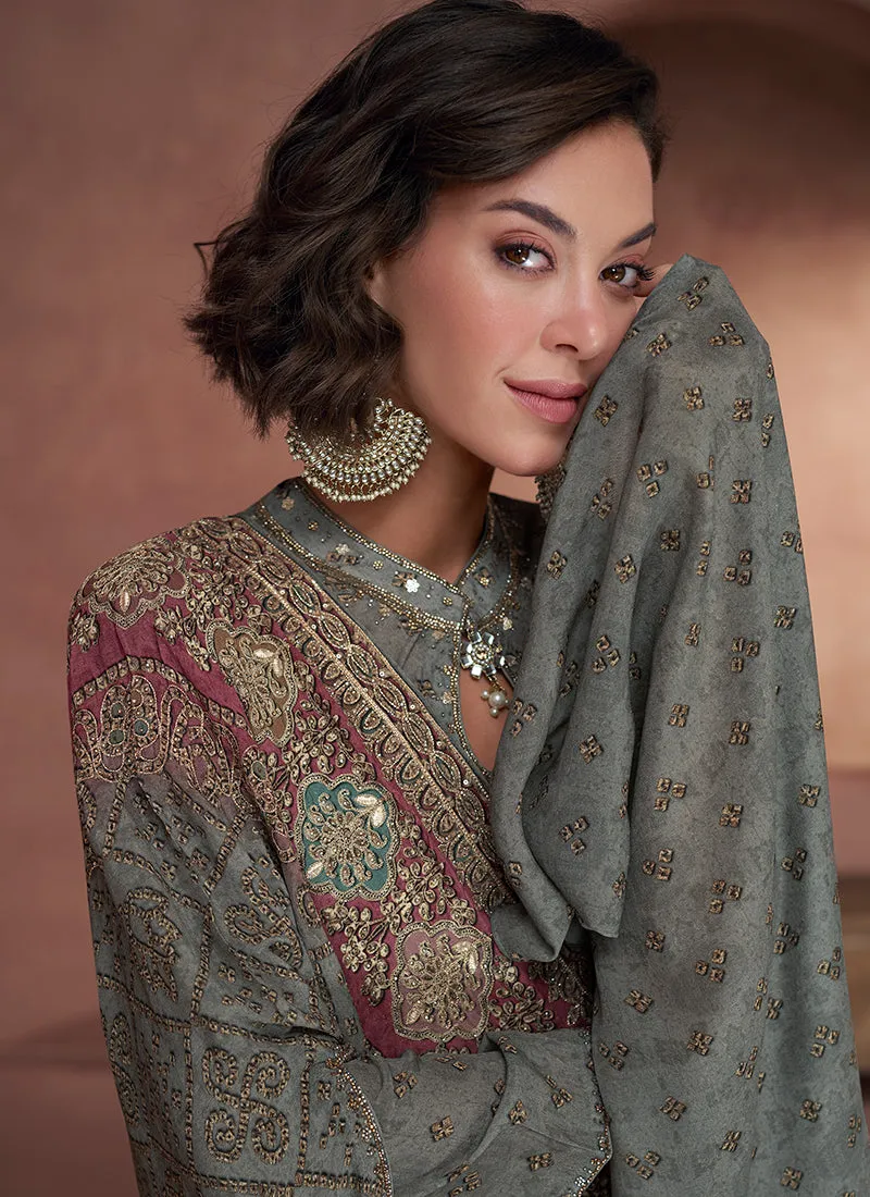 Dusty Green Embroidery Designer Anarkali Gown