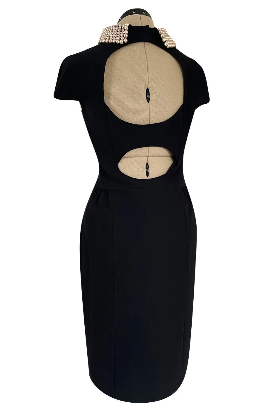 Early 2000s Moschino Cheap & Chic Black Stretch Crepe Dress w Removable Pearl Collar